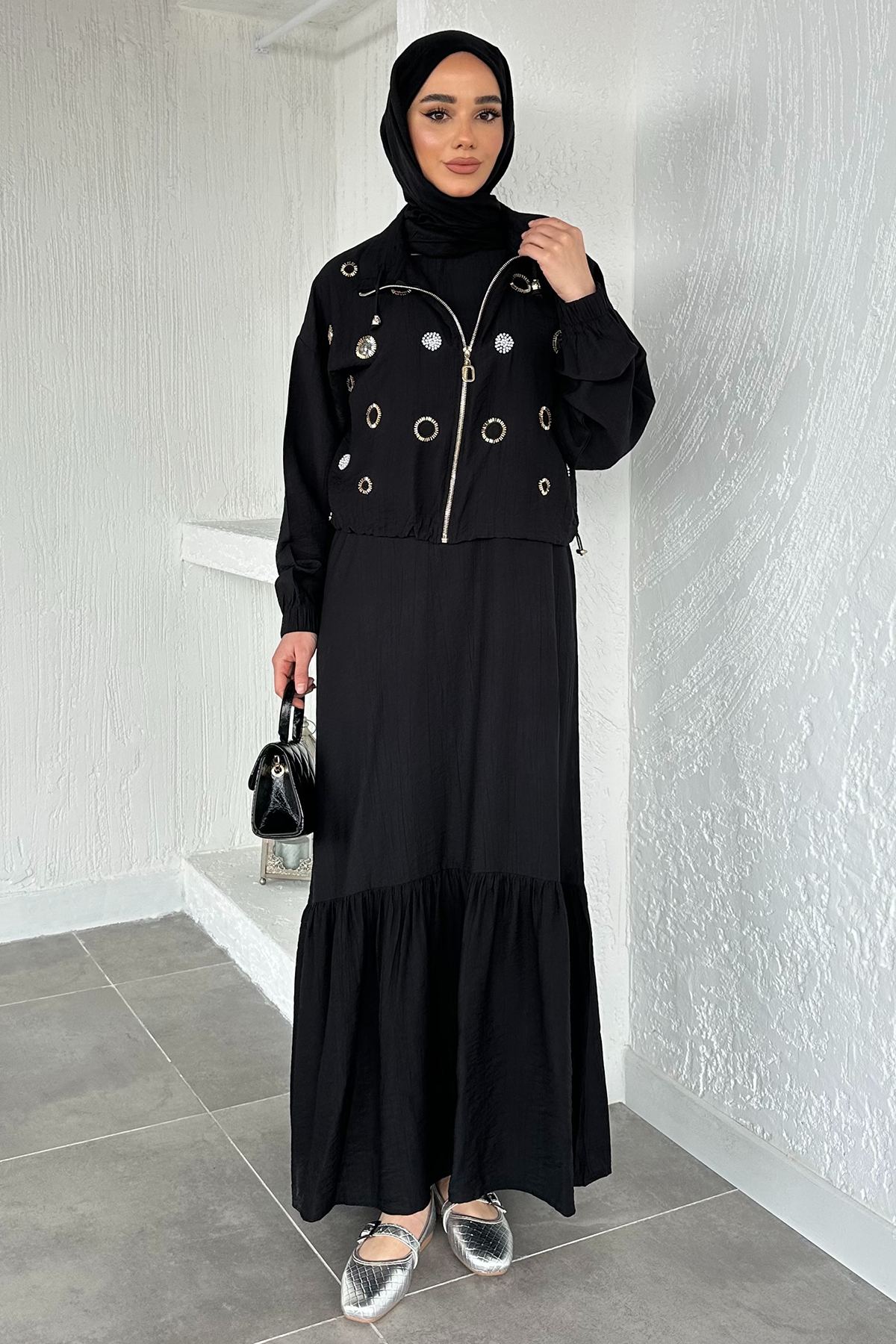 Kadın Ceketi Taşlı Elbise İkili Takım