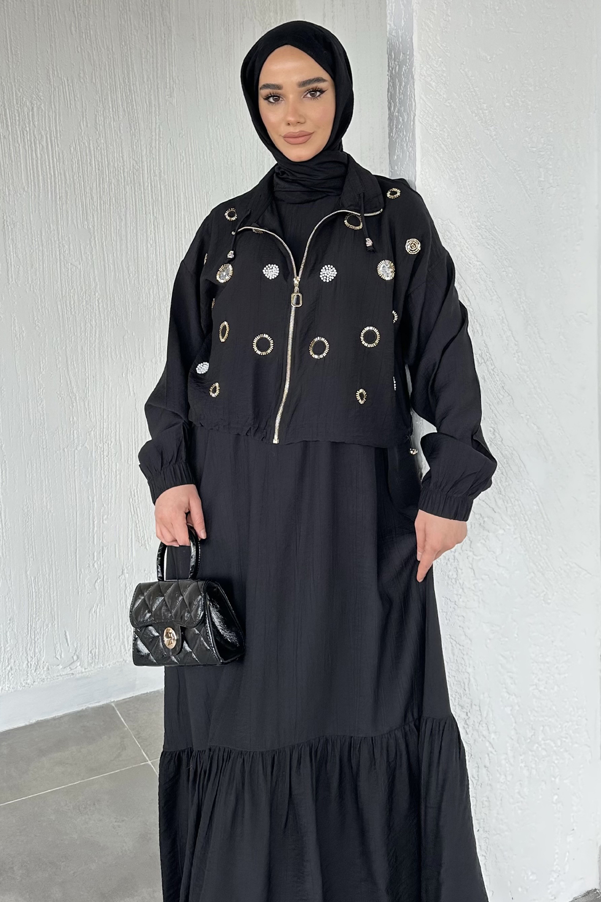 Kadın Ceketi Taşlı Elbise İkili Takım