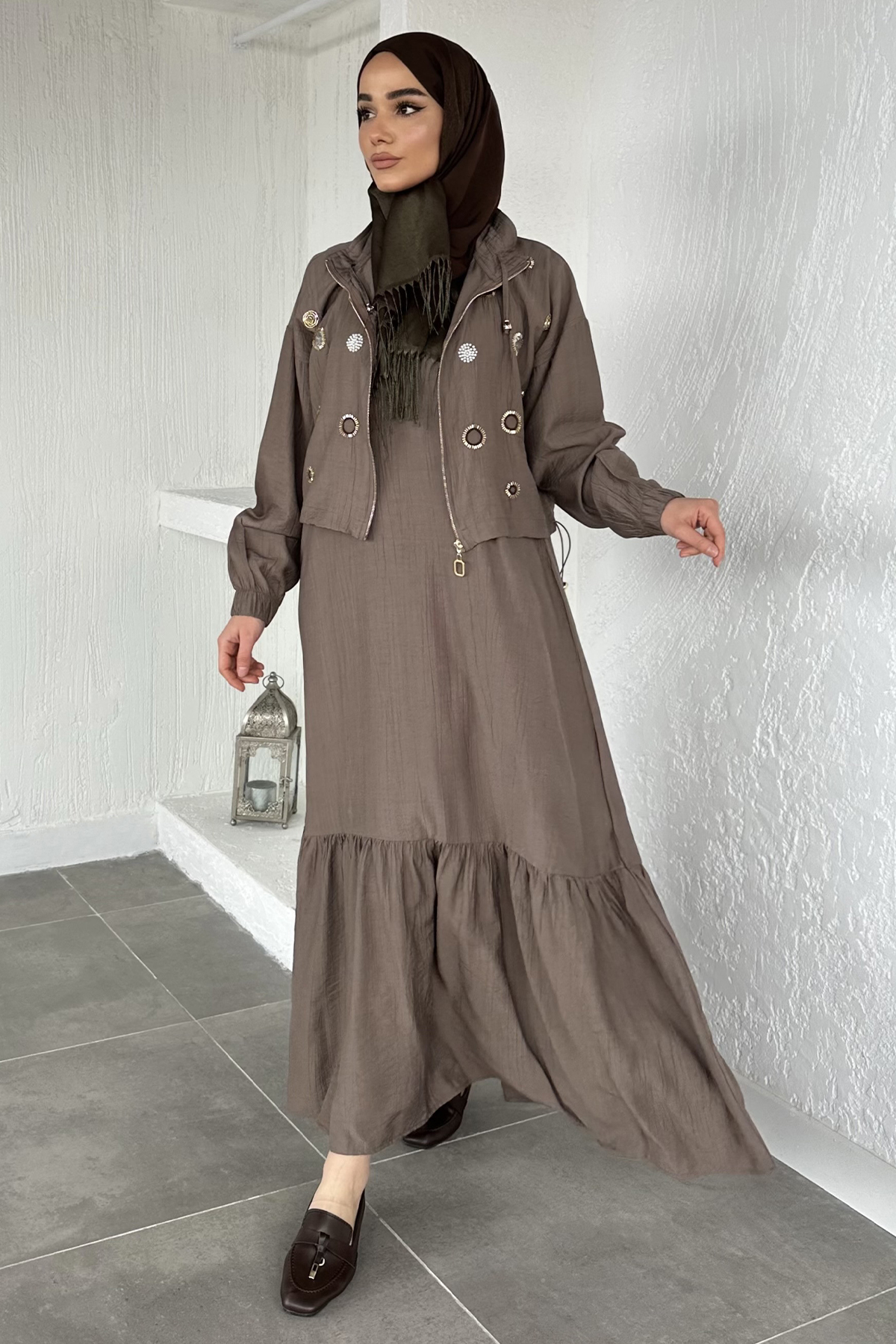 Kadın Ceketi Taşlı Elbise İkili Takım