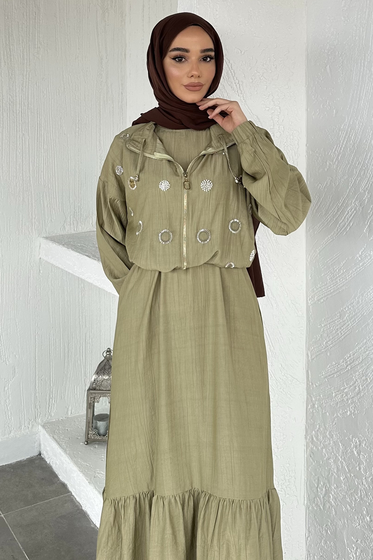 Kadın Ceketi Taşlı Elbise İkili Takım