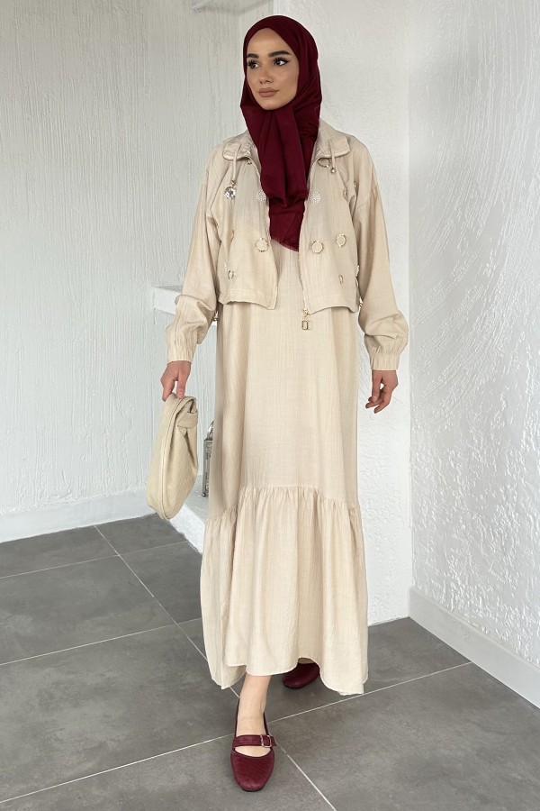 Kadın Ceketi Taşlı Elbise İkili Takım