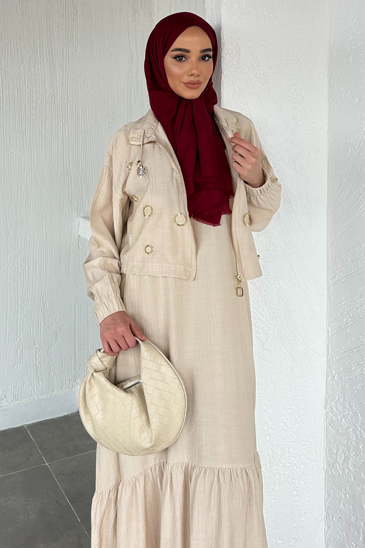 Kadın Ceketi Taşlı Elbise İkili Takım