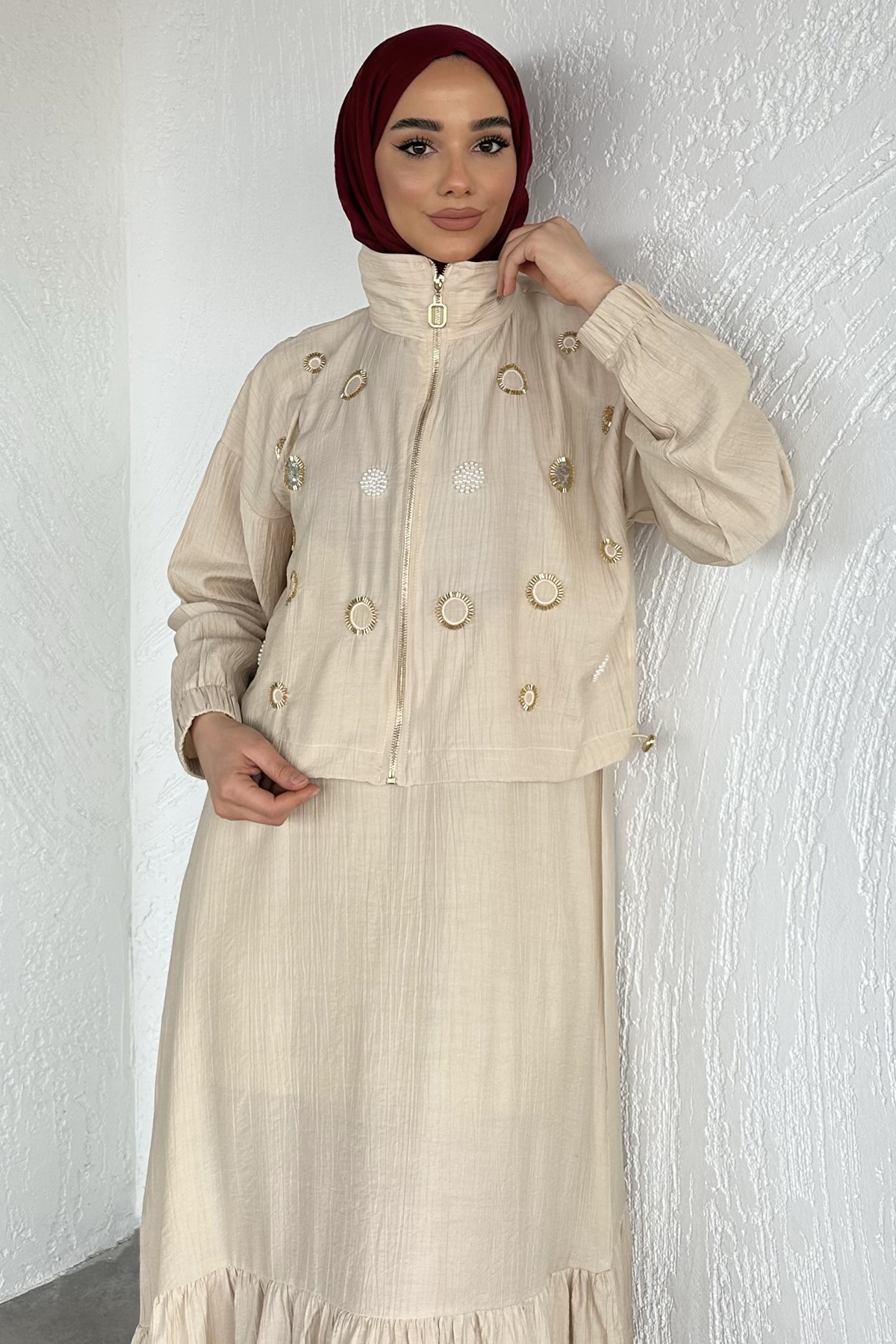 Kadın Ceketi Taşlı Elbise İkili Takım