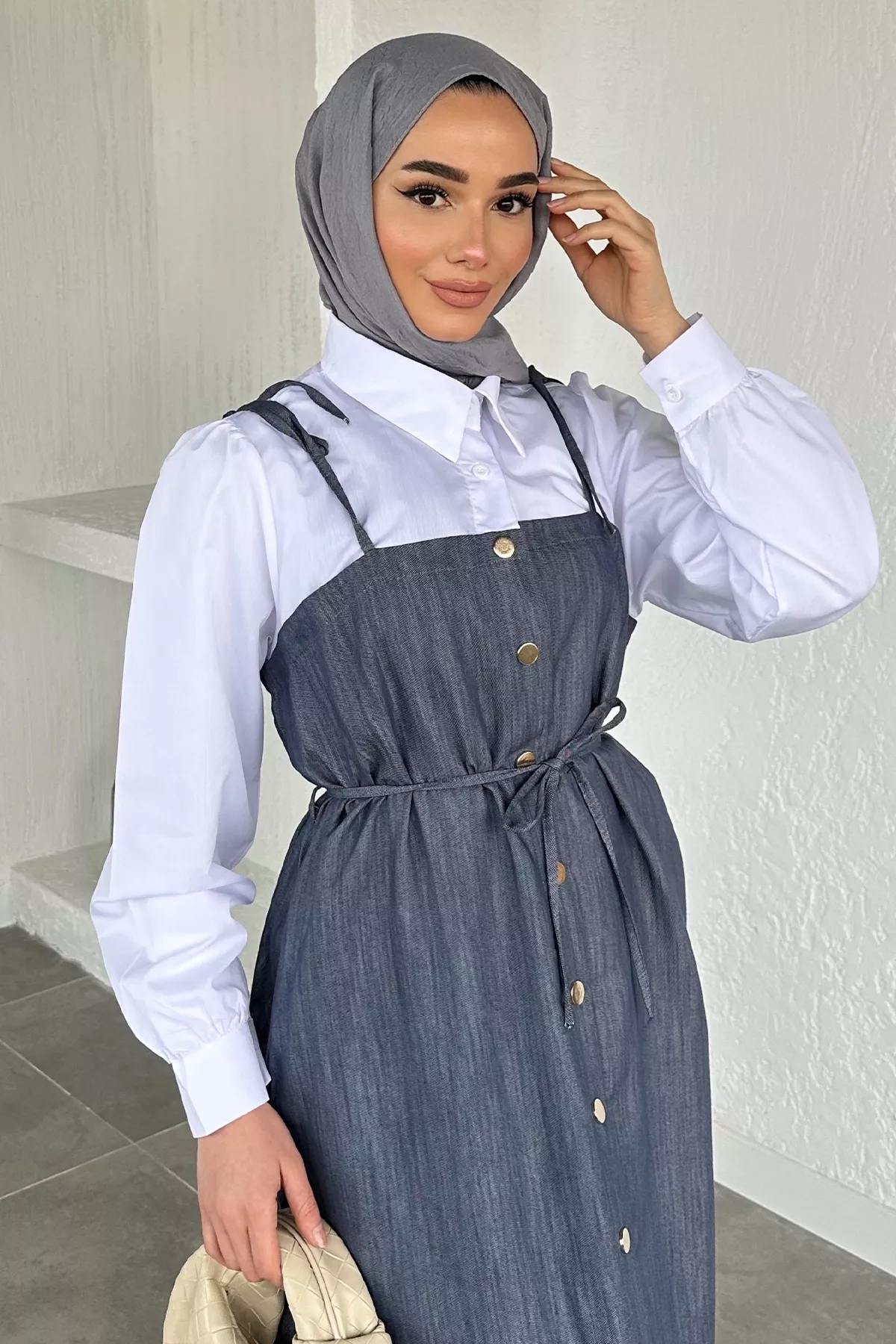 Kadın Jean Askılı Gömlek Detaylı Elbise