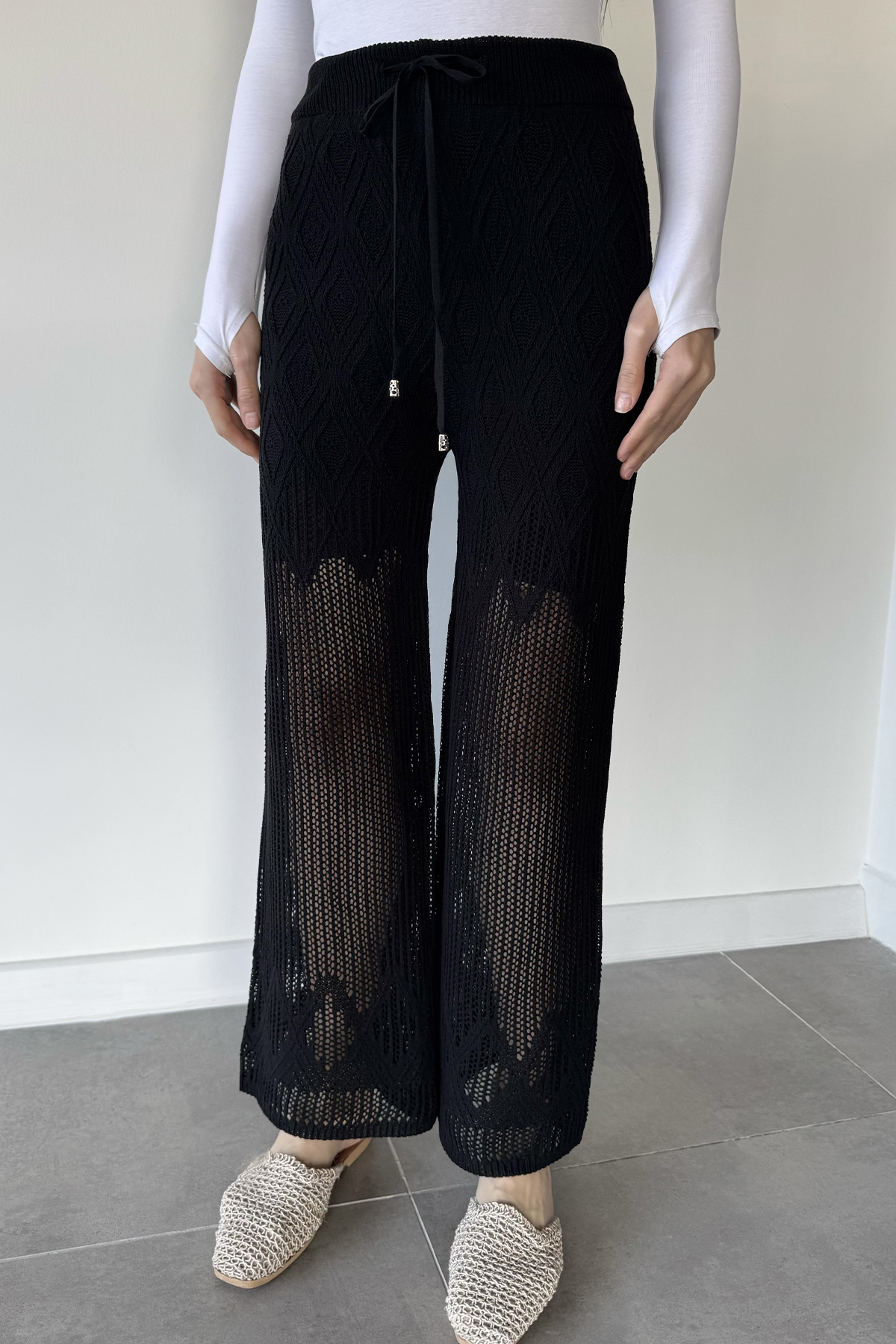 Kadın Baklava Desenli Bağlamalı Pantolon