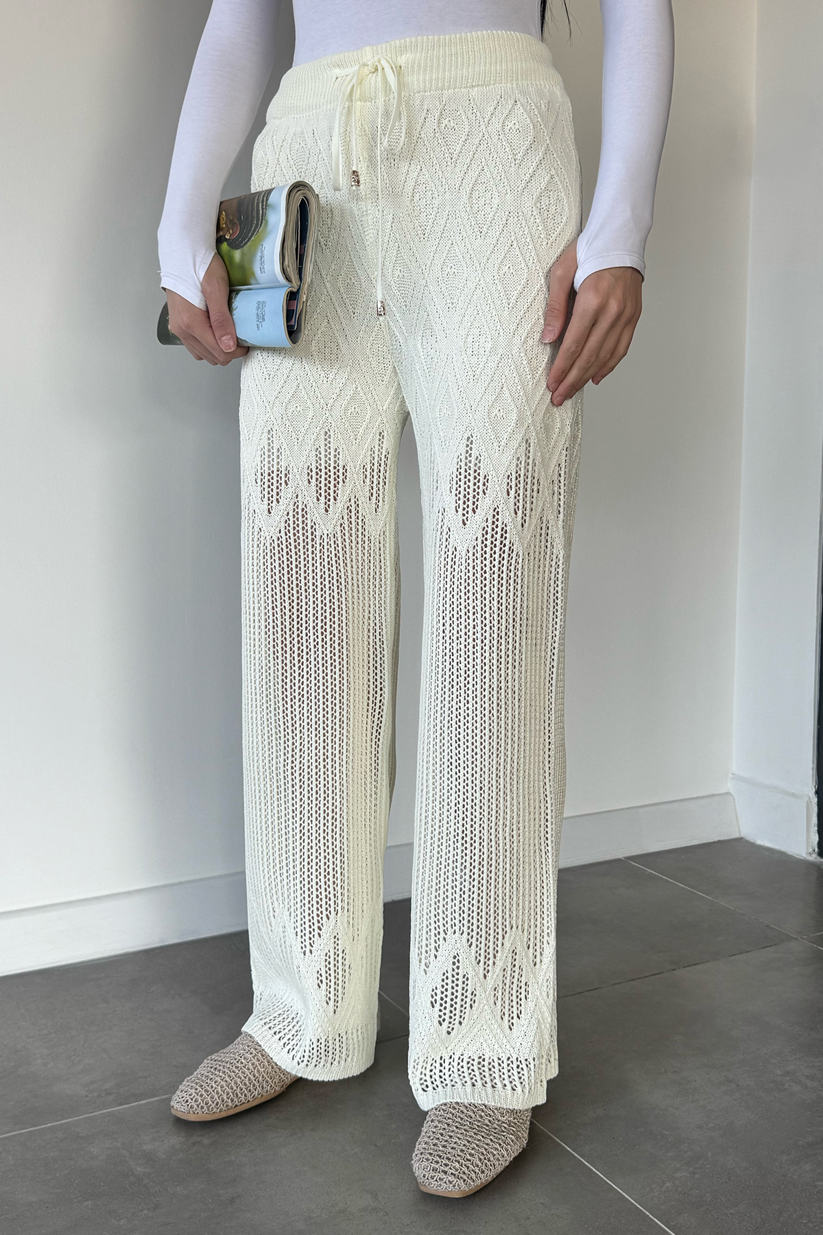 Kadın Baklava Desenli Bağlamalı Pantolon