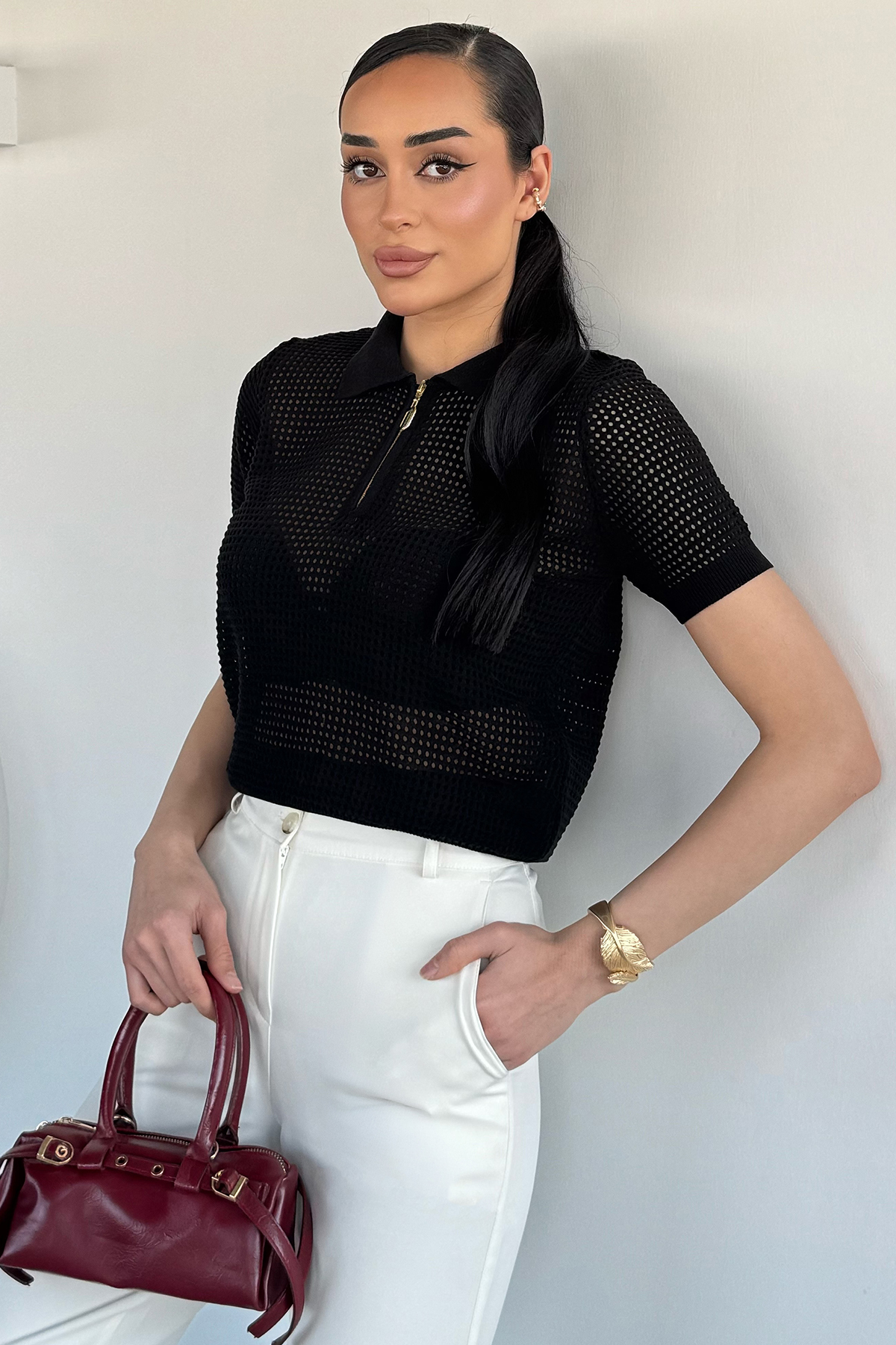 Kadın Gömlek Yaka Fermuarlı Bluz