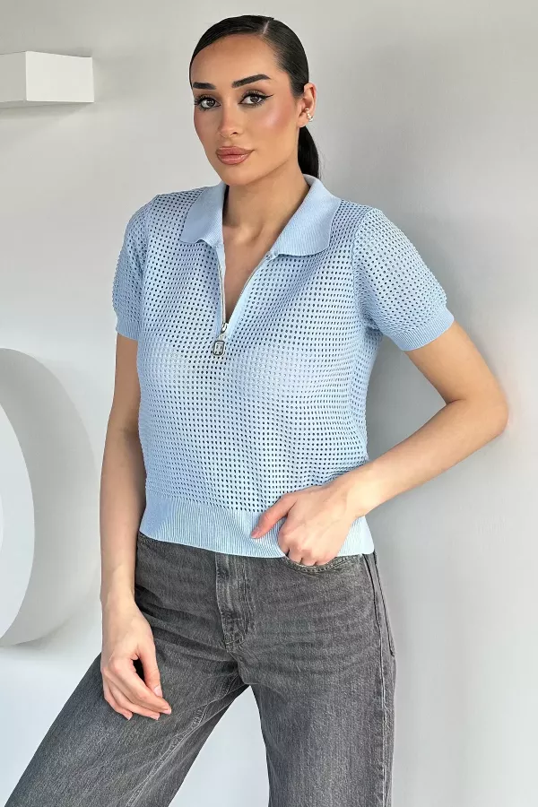 Kadın Gömlek Yaka Fermuarlı Bluz