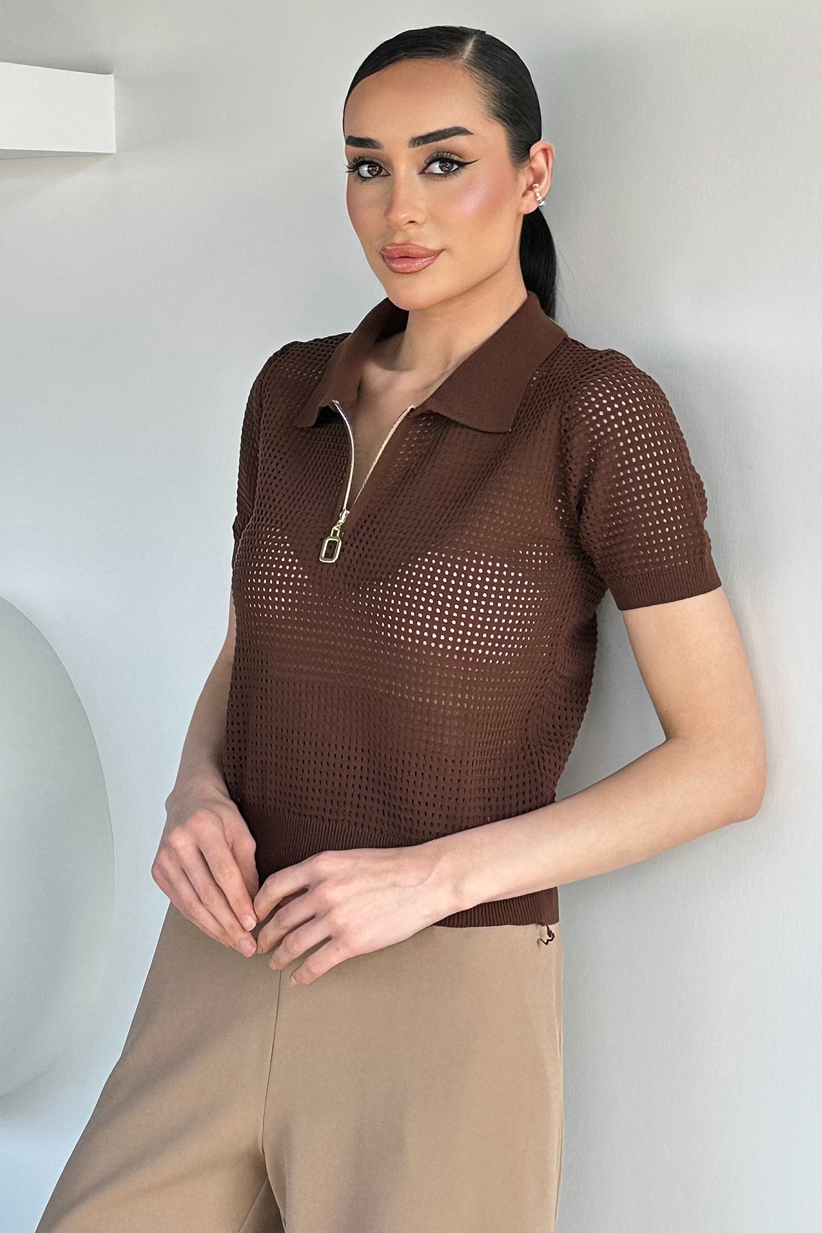 Kadın Gömlek Yaka Fermuarlı Bluz