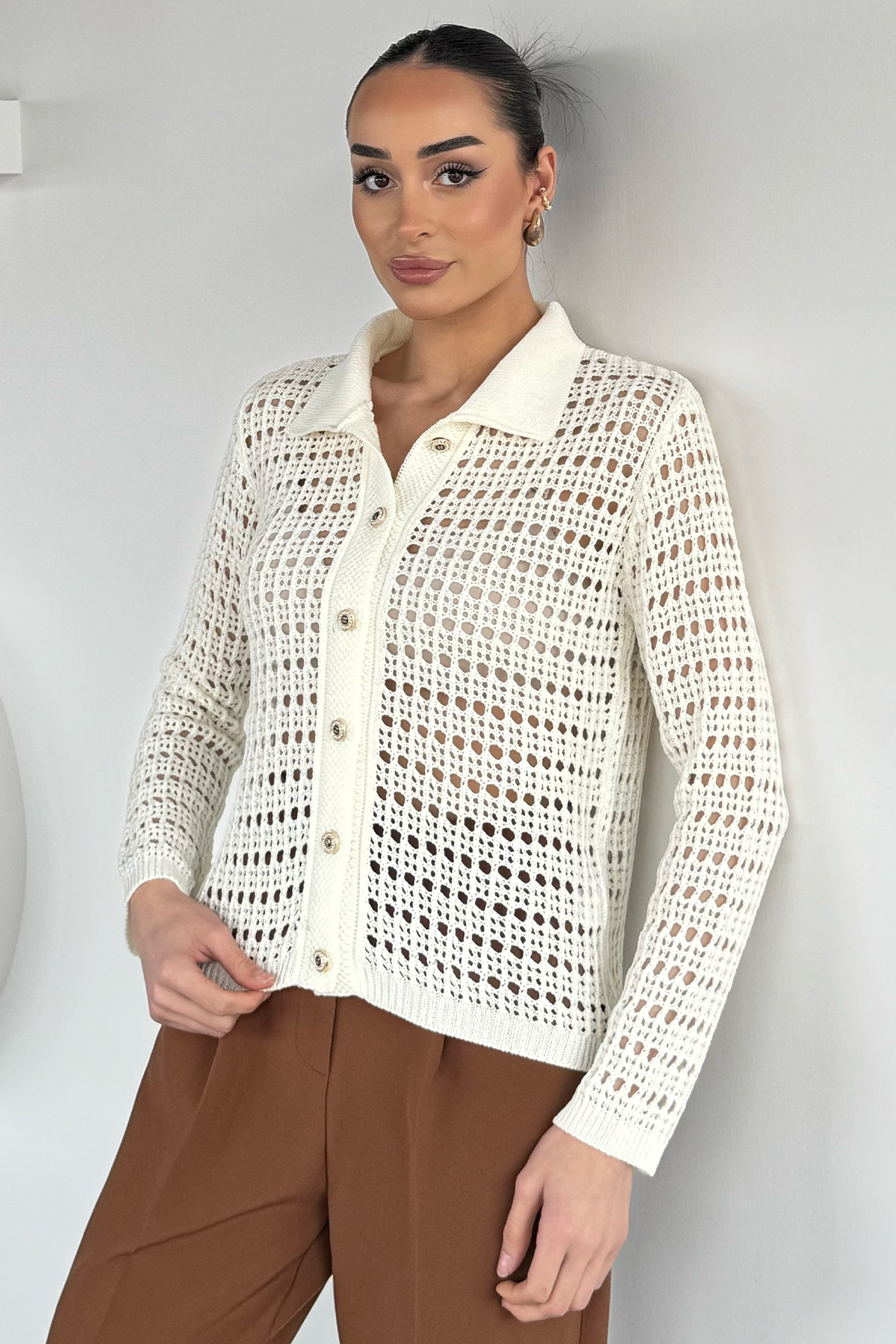 Kadın Gömlek Yaka Düğmeli Hırka