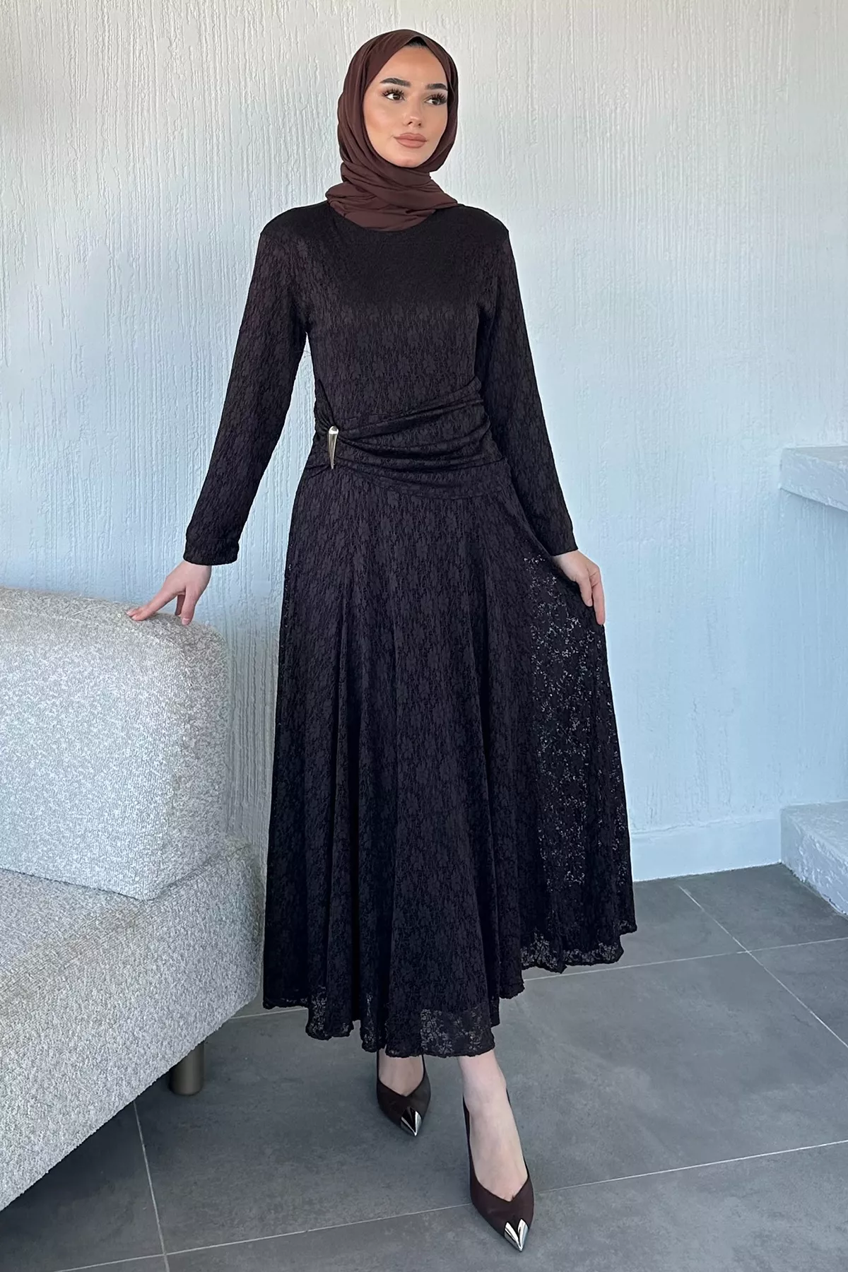 Kadın Dantel Bel Büzgülü Elbise