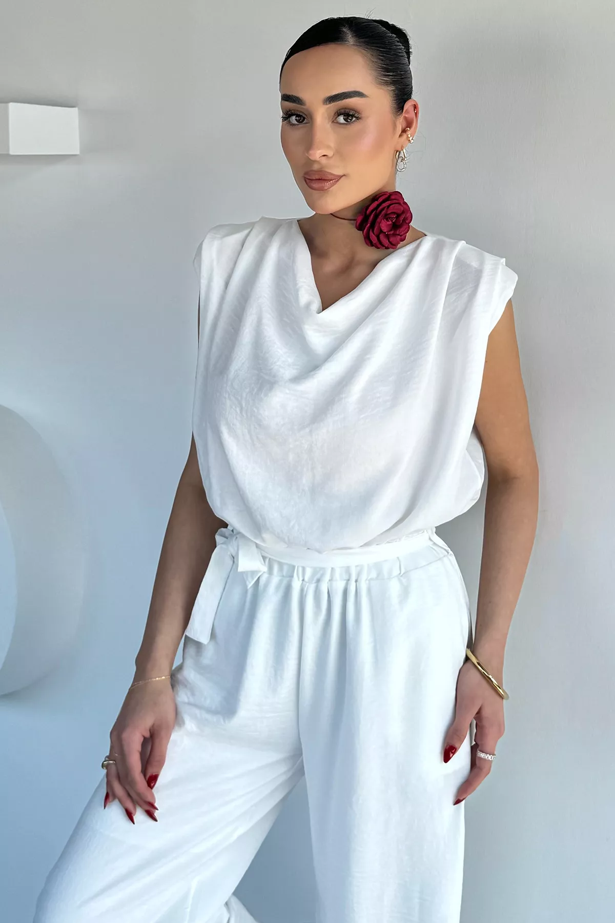 Kadın Bel Lastikli Kuşaklı Tulum