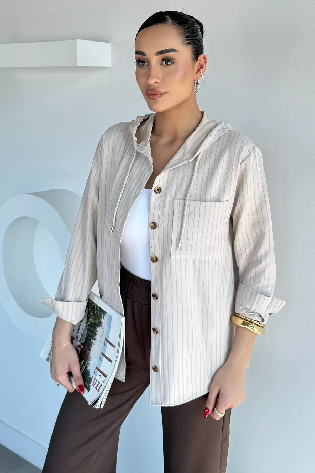 Kadın Kapüşonlu Çizgili Gömlek