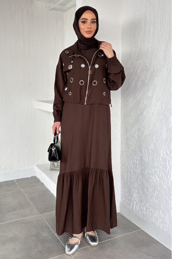 Kadın Ceketi Taşlı Elbise İkili Takım