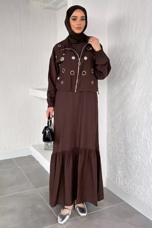 Kadın Ceketi Taşlı Elbise İkili Takım