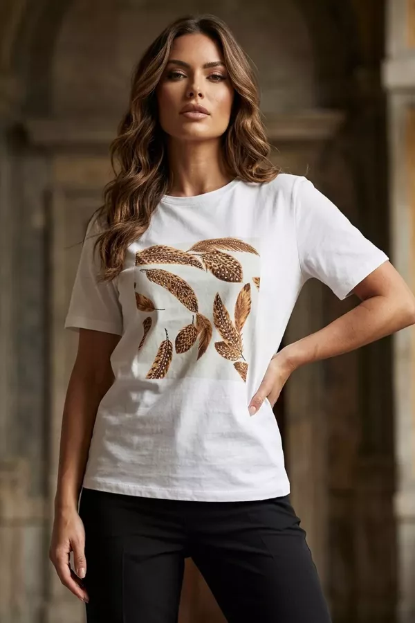 Kadın Kuş Tüyü Baskılı Tshirt