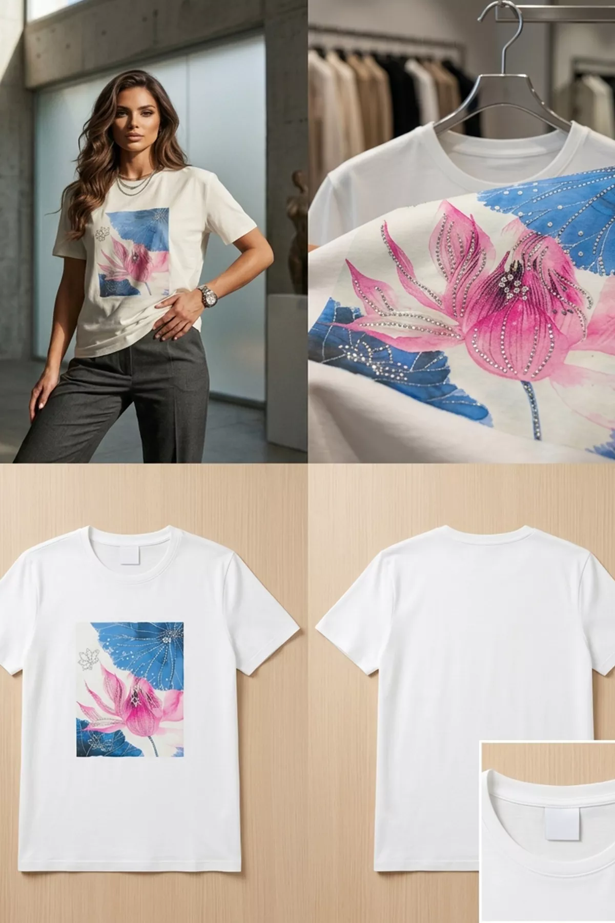 Kadın Pembe Lotus İncili Tişört