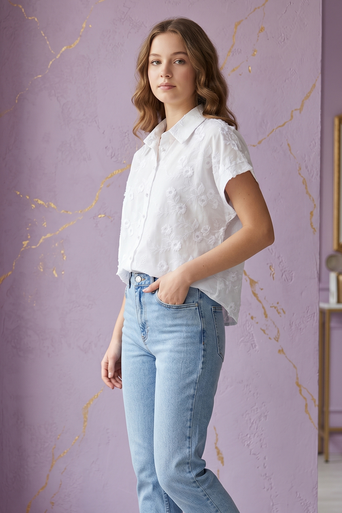 Kadın Kısa Kollu Desenli Gömlek