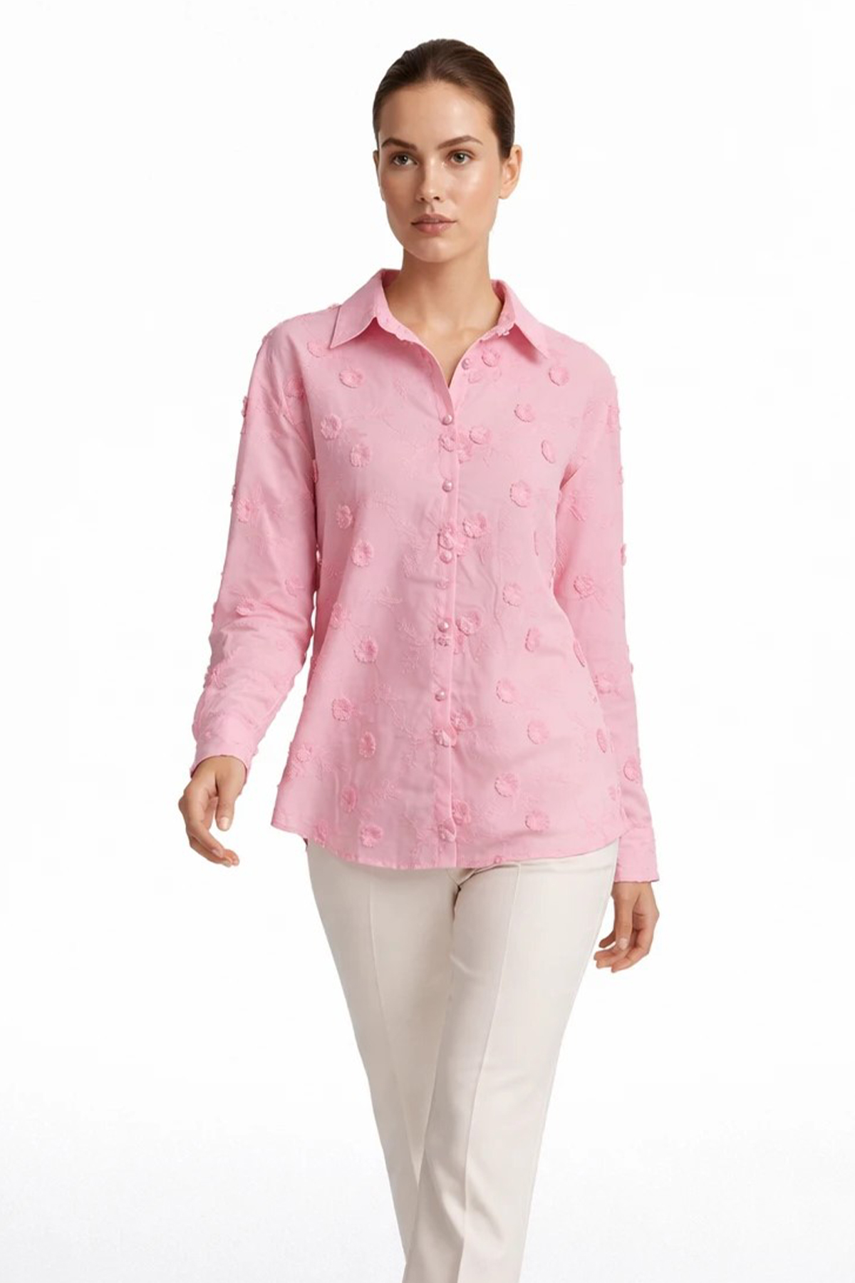 Kadın Kendiliğinden Motifli Gömlek