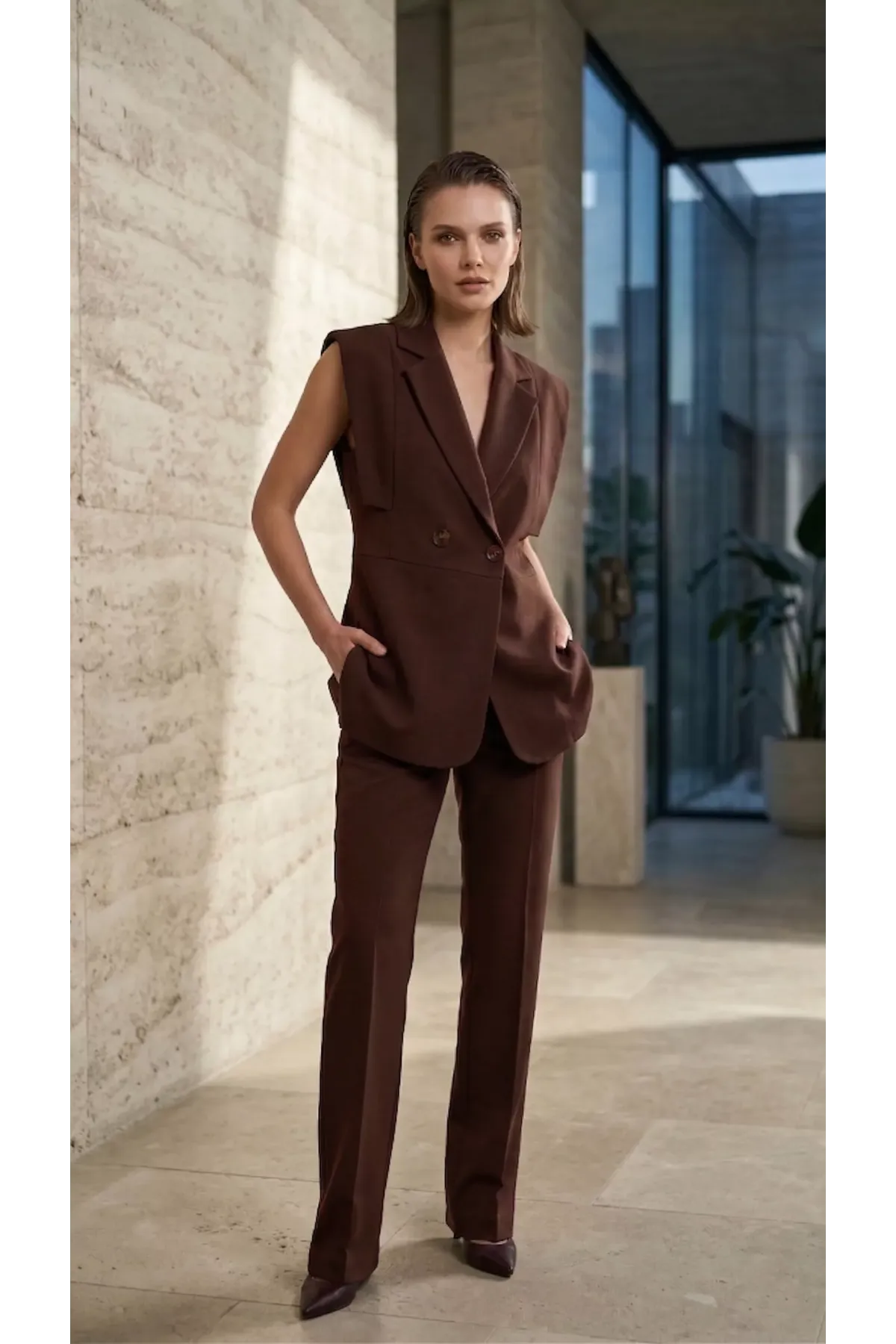 Kadın Kol Detaylı Blazer Yelek Takım