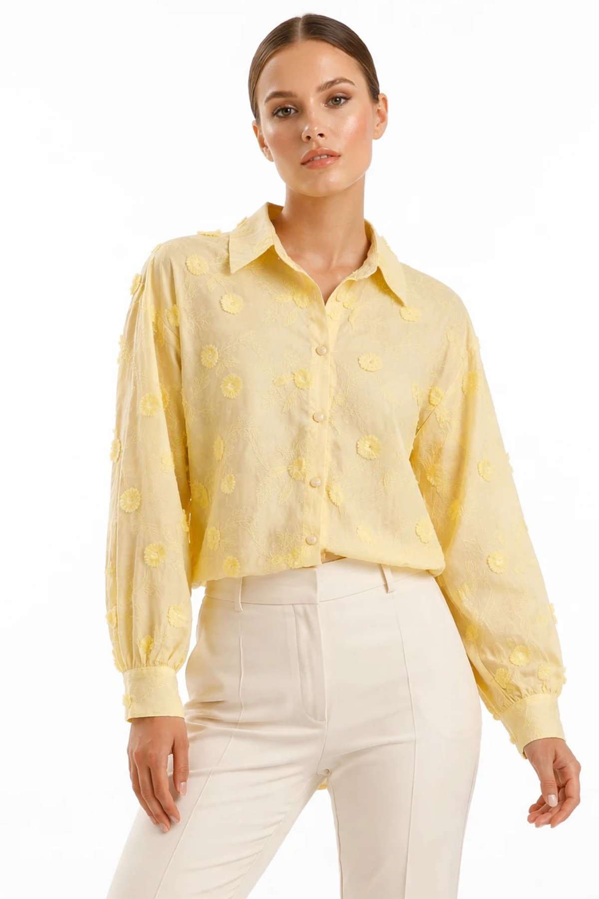 Kadın Kendiliğinden Motifli Gömlek