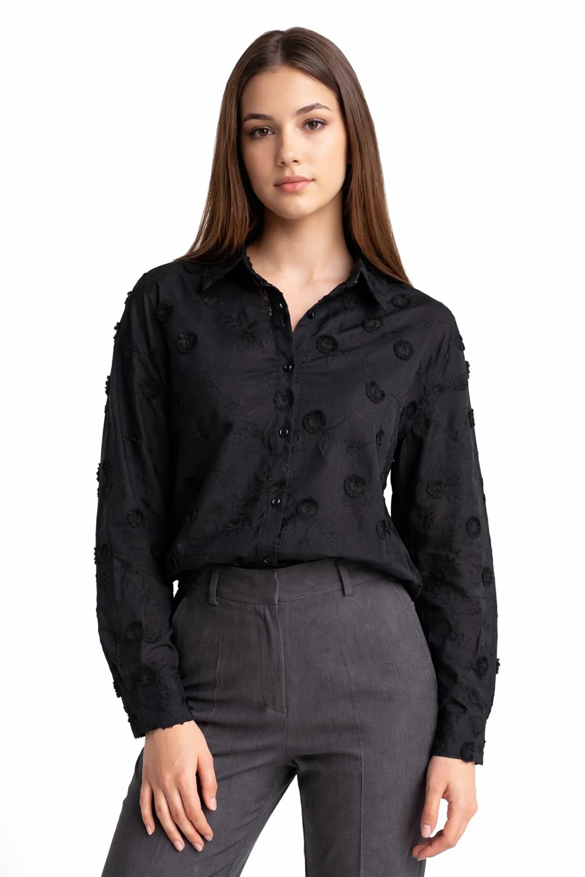 Kadın Kendiliğinden Motifli Gömlek