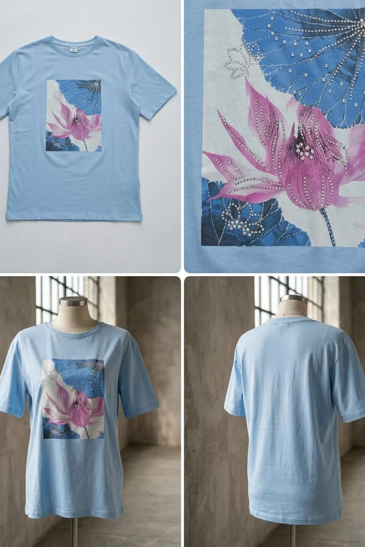 Kadın Pembe Lotus İncili Tişört