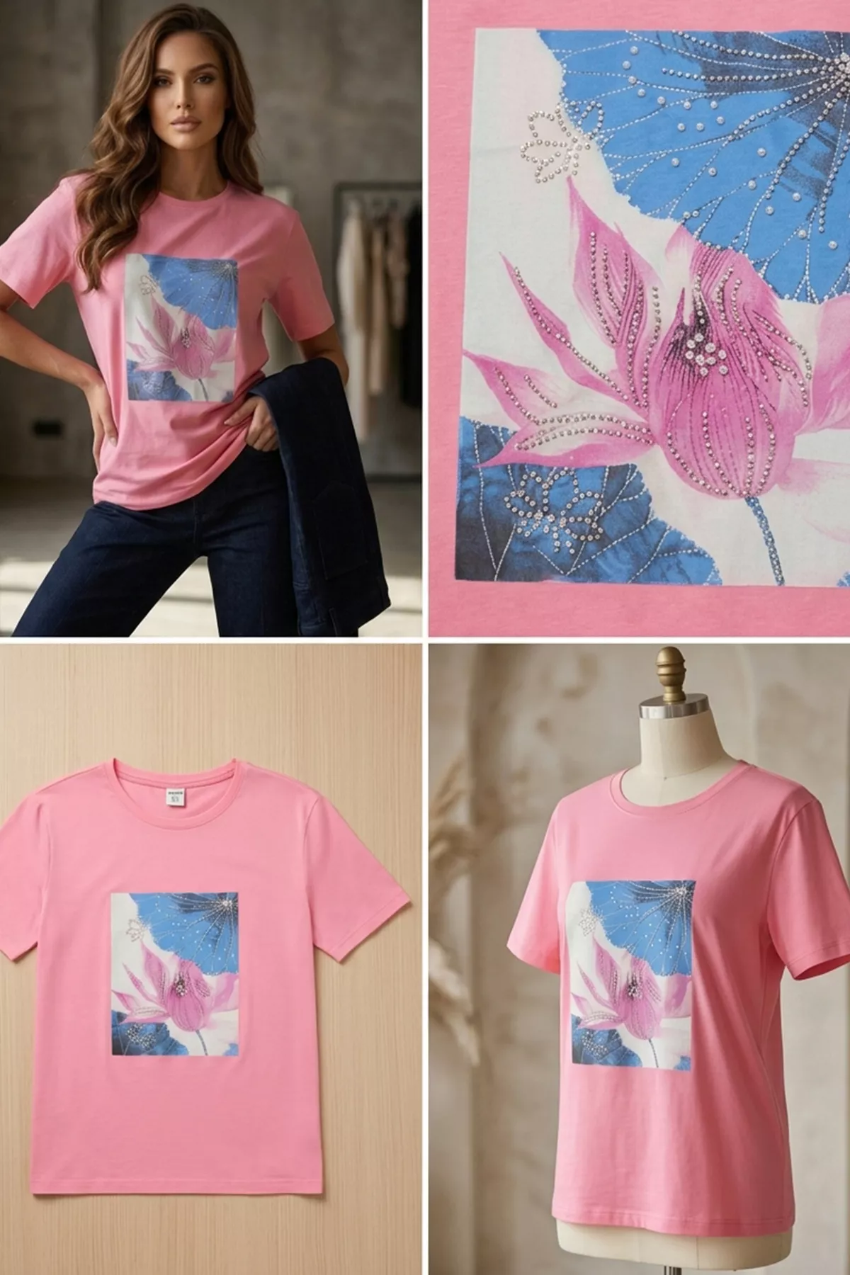 Kadın Pembe Lotus İncili Tişört