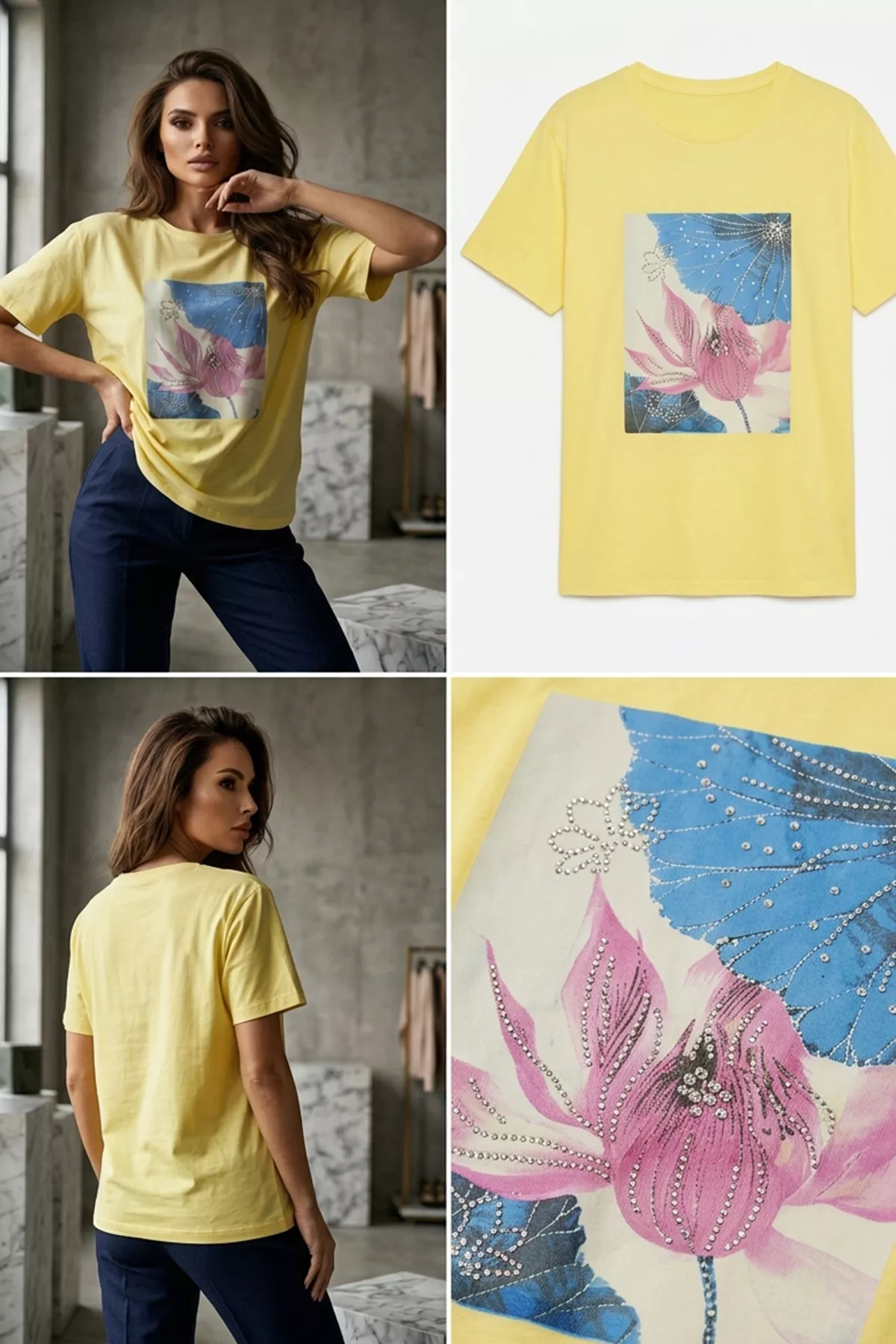 Kadın Pembe Lotus İncili Tişört