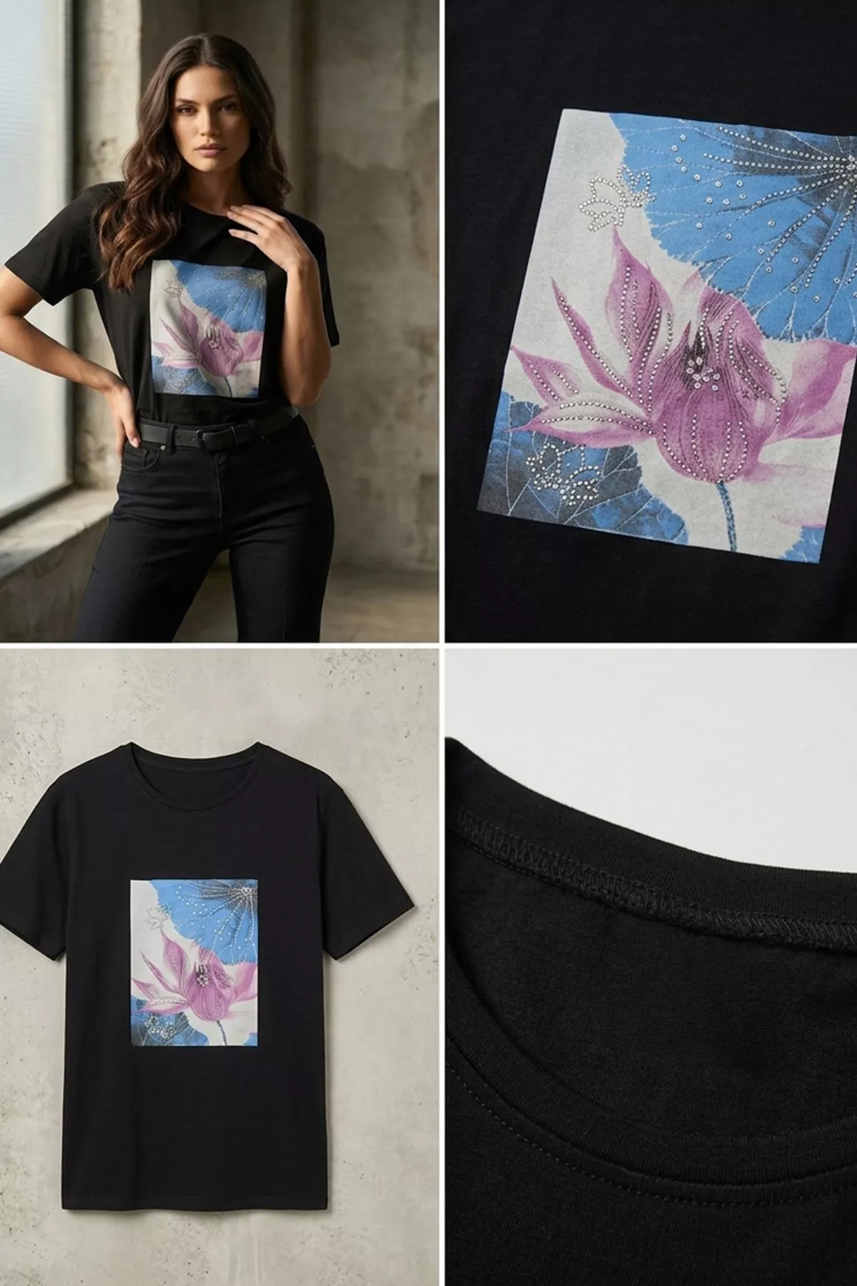 Kadın Pembe Lotus İncili Tişört