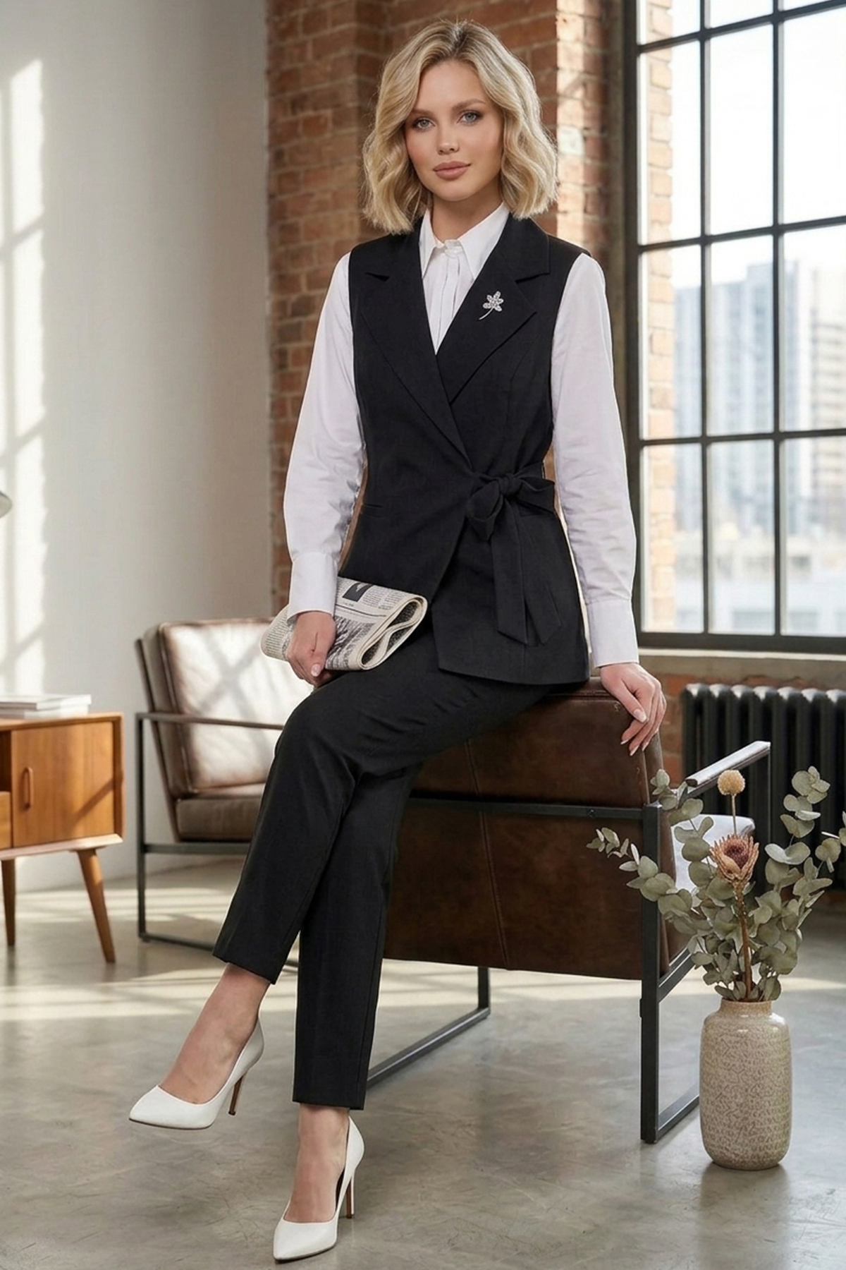 Kadın Yandan Bağlamalı Yelekli İkili Takım